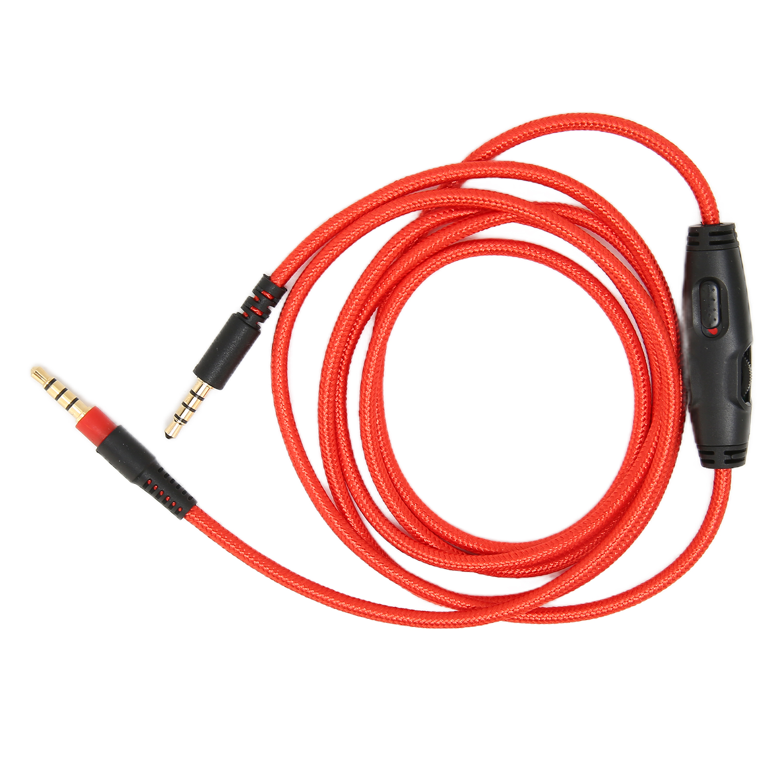 Dieses Bild zeigt ein rotes Audiokabel mit schwarzen Anschlüssen und einem schwarzen Lautstärkeregler. Das Kabel ist kreisförmig aufgewickelt.