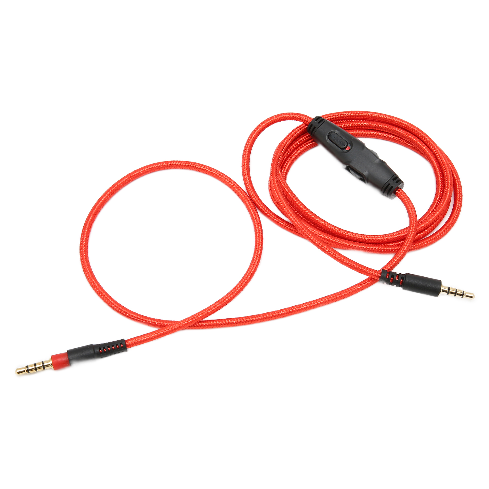 Dieses Bild zeigt ein rotes Audiokabel mit schwarzen Anschlüssen und einem Lautstärkeregler. Das Kabel befindet sich auf einem weißen Hintergrund.