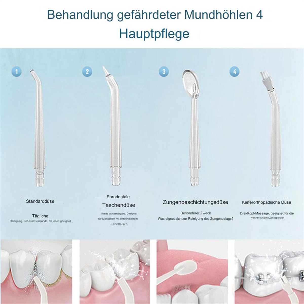 Vier Mundduschenaufsätze und zugehörige Aktionen zur Zahnreinigung werden angezeigt.