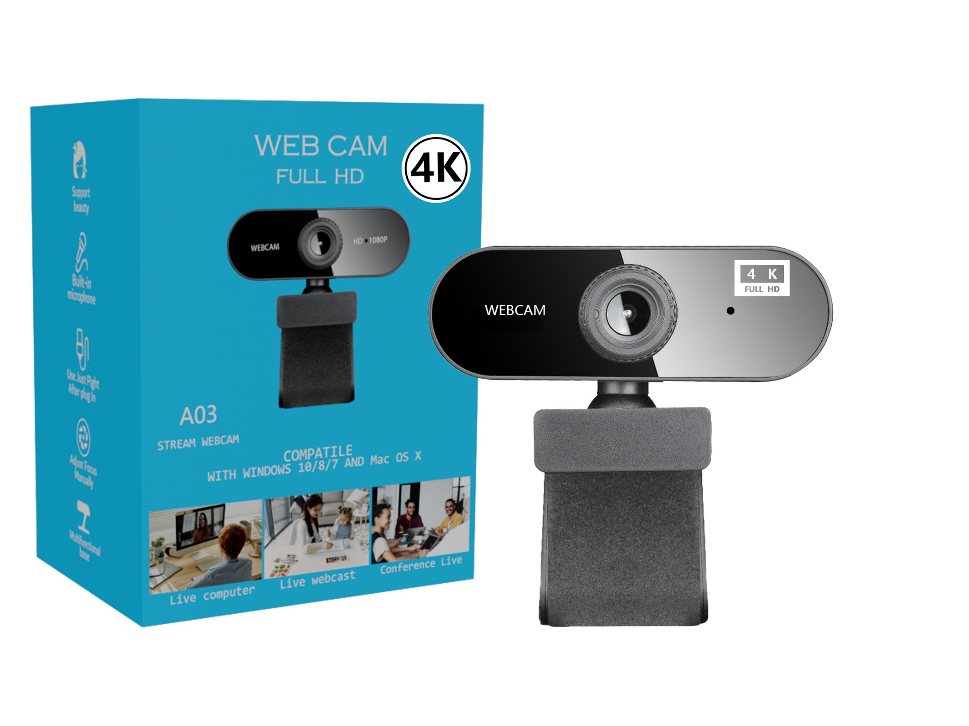 Eine schwarze und silberne 4K-Webcam wird neben ihrer blauen Verpackung auf einem weißen Hintergrund angezeigt.