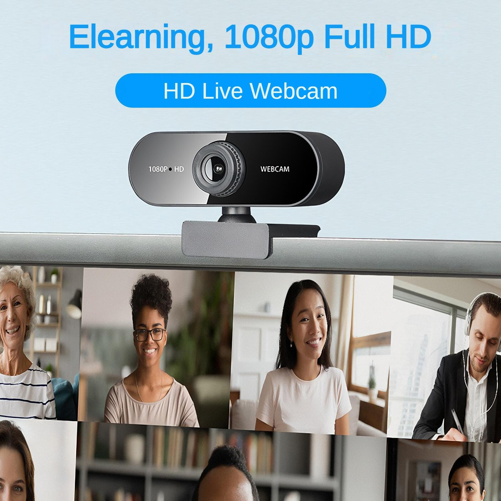 Eine 1080p-HD-Webcam ist über Bildern von Personen in Videokonferenzen zentriert.