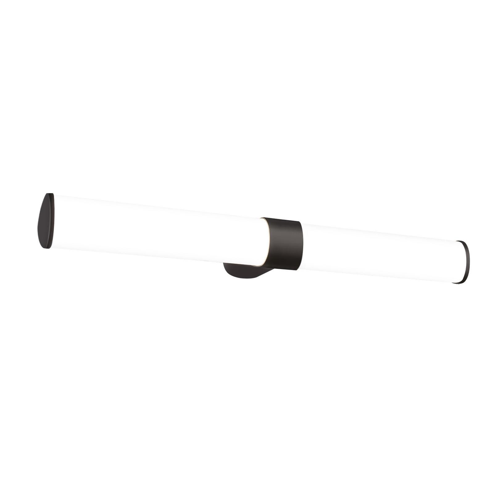 Un lungo apparecchio di illuminazione bianco con tappi terminali neri, montato su sfondo bianco.