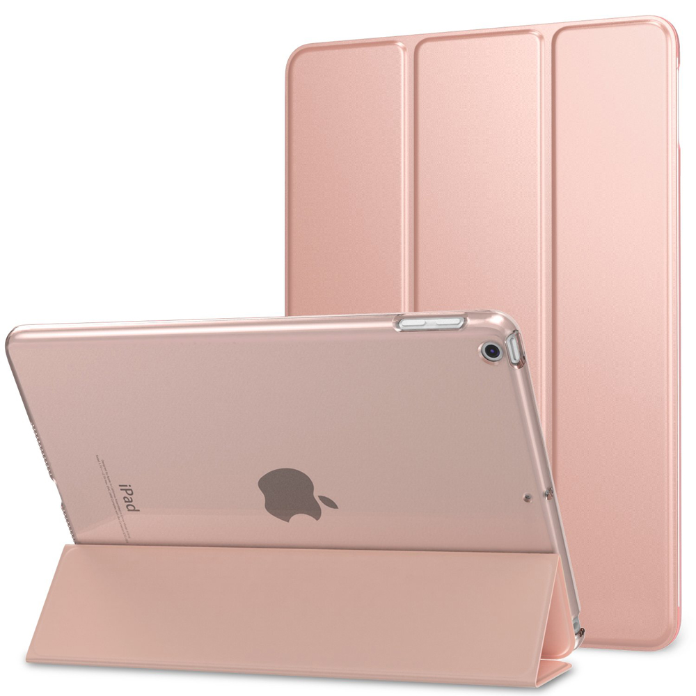 Ein roségoldenes iPad mit passendem Gehäuse. Das iPad ist geöffnet und das Gehäuse dahinter.