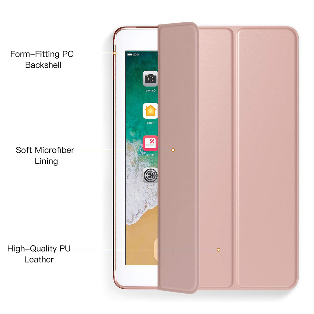 Ein roségoldenes iPad mit Hülle. Der Text beschreibt die Eigenschaften der Hülle.