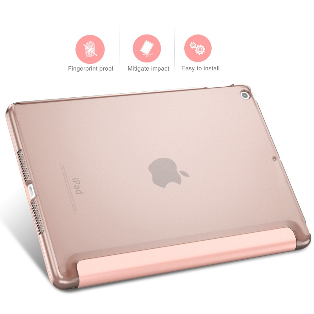 Ein rosafarbenes iPad in einer Hülle. Symbole zeigen Fingerabdruckschutz, Stoßdämpfung und einfache Installation.