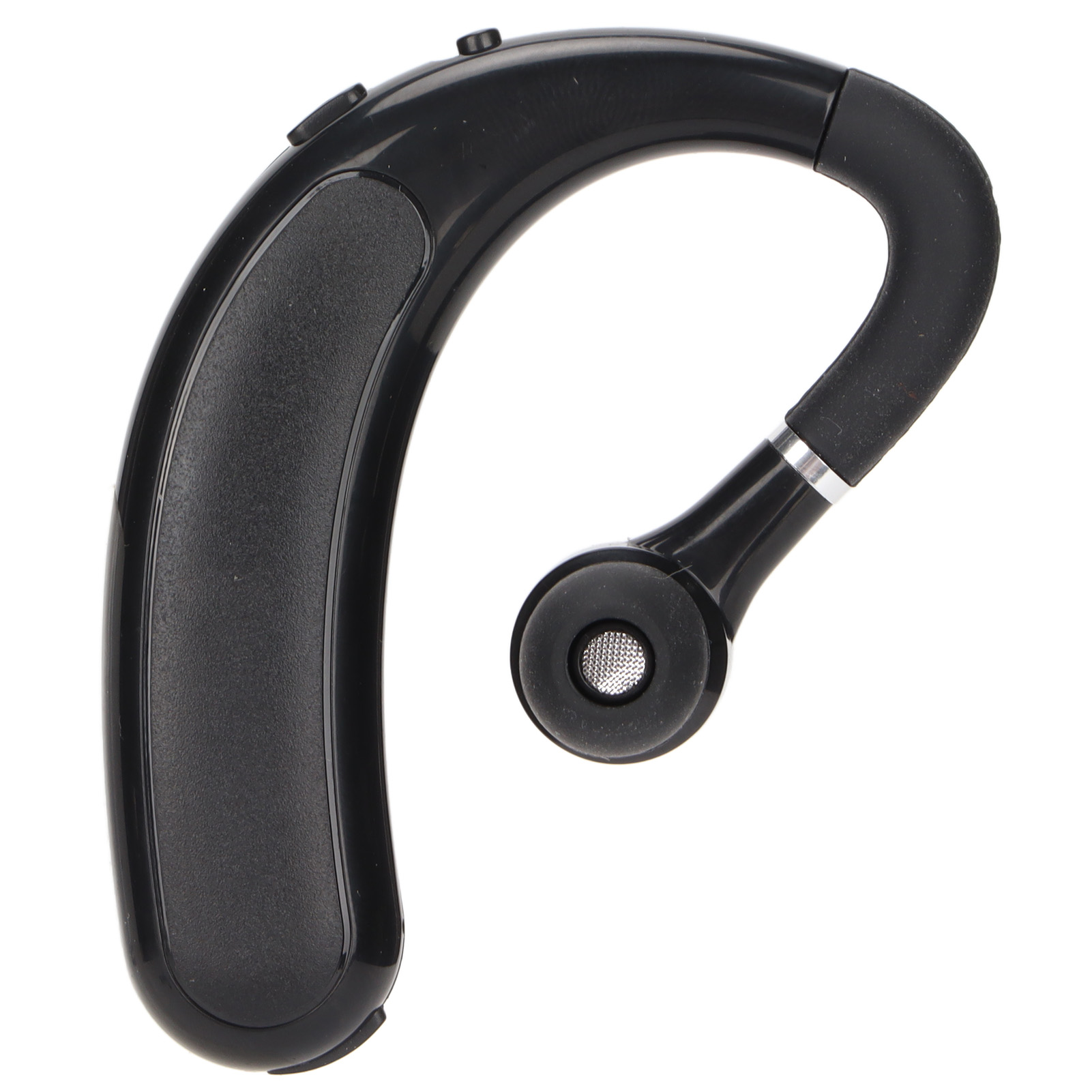 Ein schwarzes kabelloses Bluetooth-Ohrstück auf einem weißen Hintergrund.