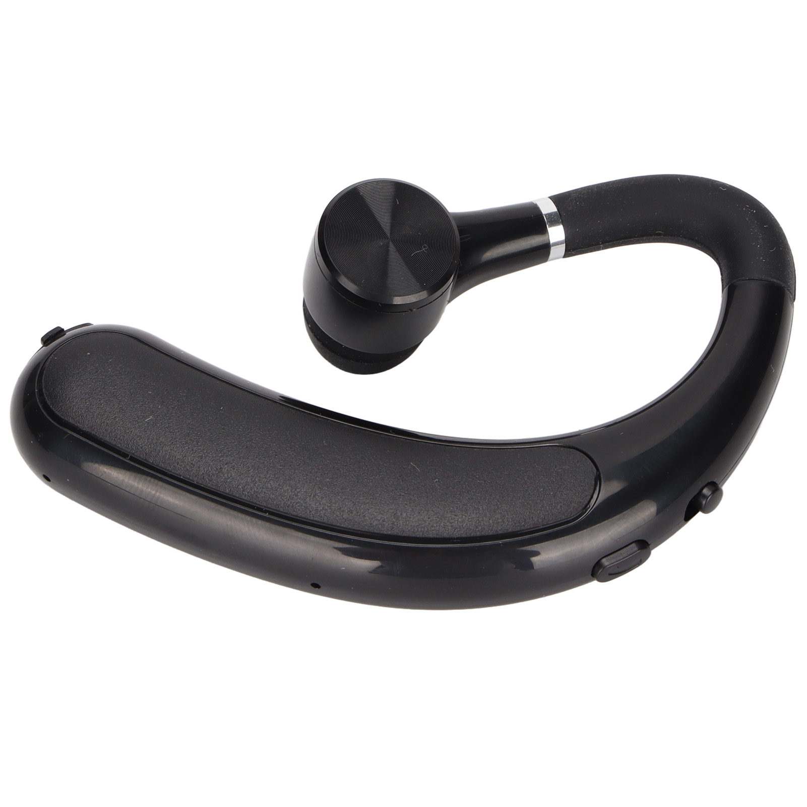 Ein schwarzes kabelloses Bluetooth-Ohrstück isoliert auf einem weißen Hintergrund.
