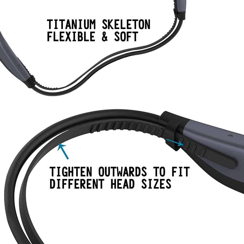Nahaufnahme von grauen Knochenschallkopfhörern mit schwarzem flexiblem Band, das die Größenverstellbarkeit zeigt.