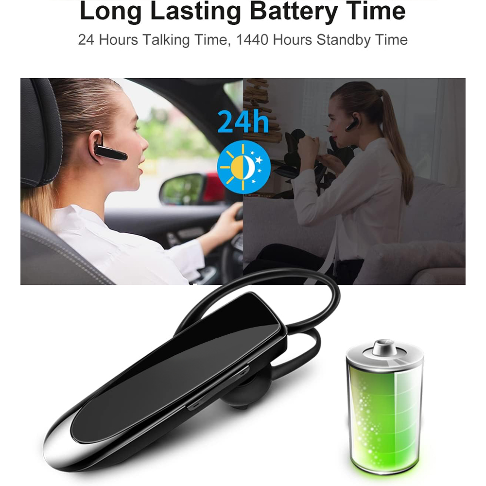 Ein schwarzes Headset wird mit einem Batteriesymbol angezeigt, das die lange Akkulaufzeit für Anrufe und Standby-Zeit hervorhebt.