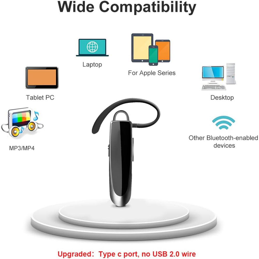 Das Bild zeigt ein schwarzes Bluetooth-Headset auf einem weißen Sockel und hebt seine Kompatibilität mit verschiedenen Geräten hervor.