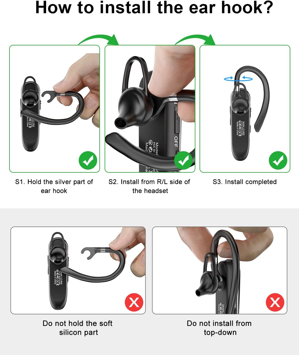 Das Bild zeigt Schritte zur Installation eines Ohrbügels an einem Bluetooth-Headset, mit visuellen Anleitungen, die korrekte und falsche Methoden aufzeigen.