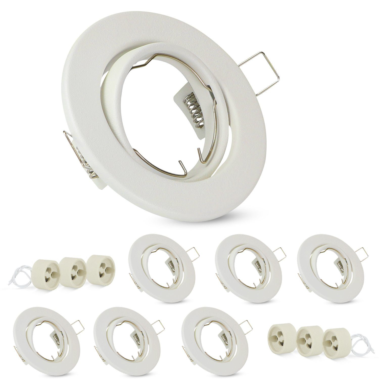 Una collezione di apparecchi di illuminazione da incasso bianchi e portalampade sono visualizzati su uno sfondo bianco, mostrando i componenti di illuminazione.
