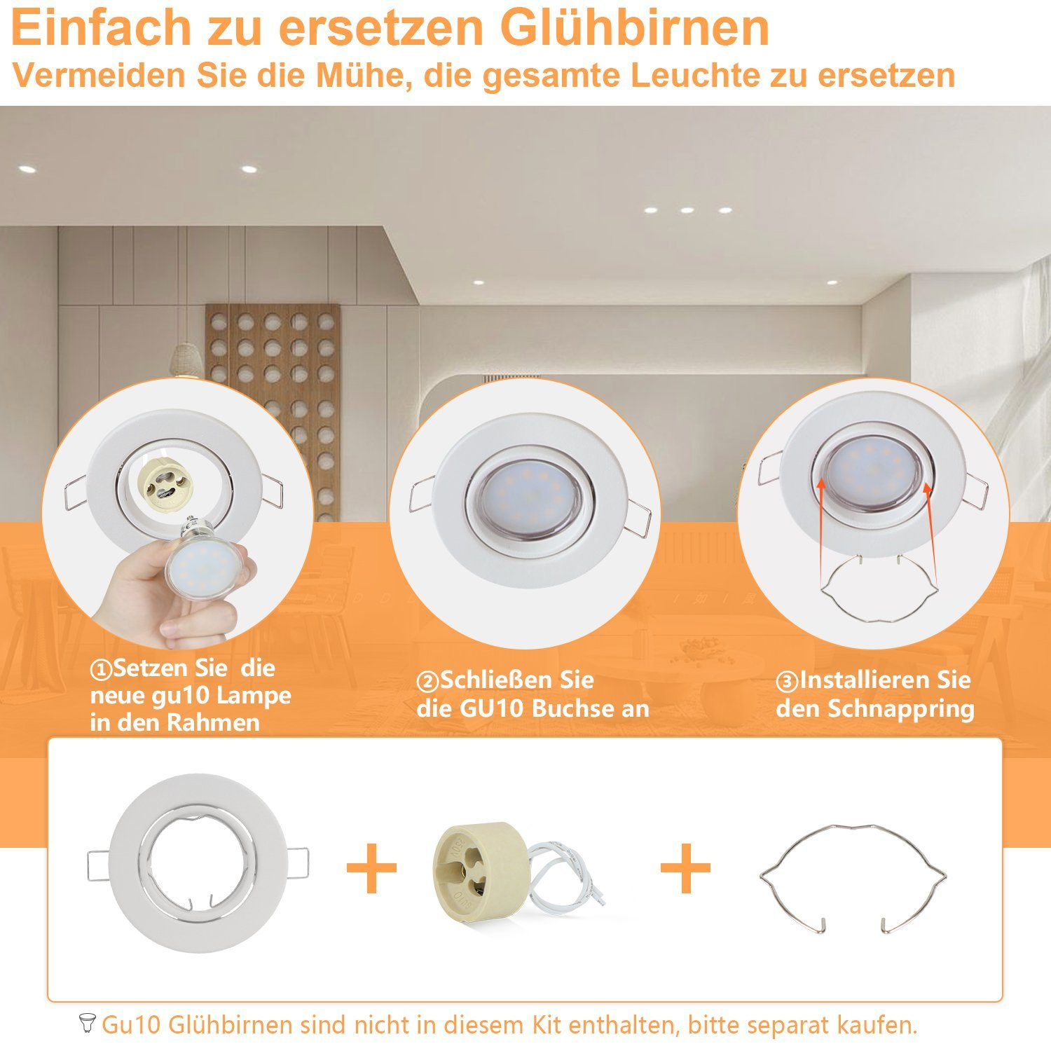 Diagramma che mostra come installare un faretto ad incasso, con testo in tedesco che spiega i passaggi.