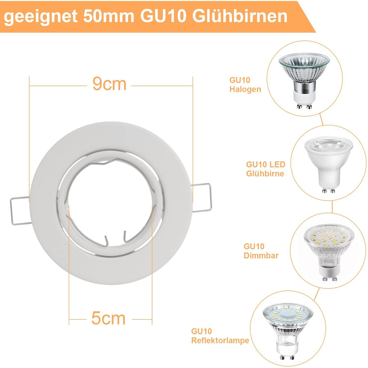 Diagramma di un apparecchio di illuminazione ad incasso con dimensioni e diversi tipi di lampadine, con testo tedesco.