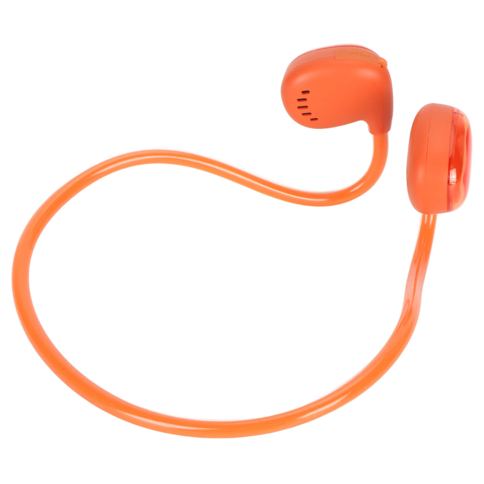 Orangefarbene Knochenschallkopfhörer mit einem gebogenen Band und Ohrstücken auf einem weißen Hintergrund.