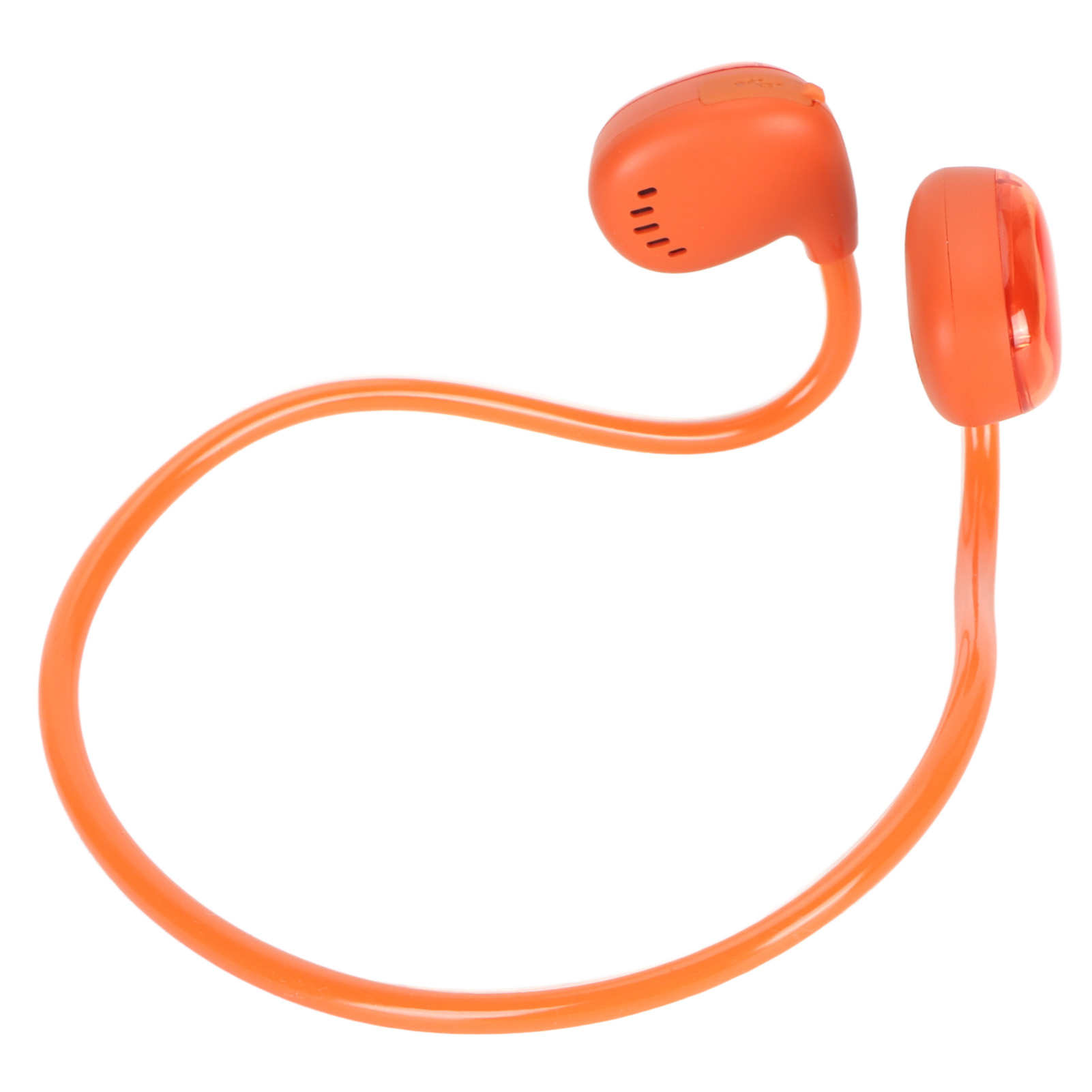 Orangefarbene Knochenschallkopfhörer mit einem gebogenen Band und Ohrstücken auf einem weißen Hintergrund.