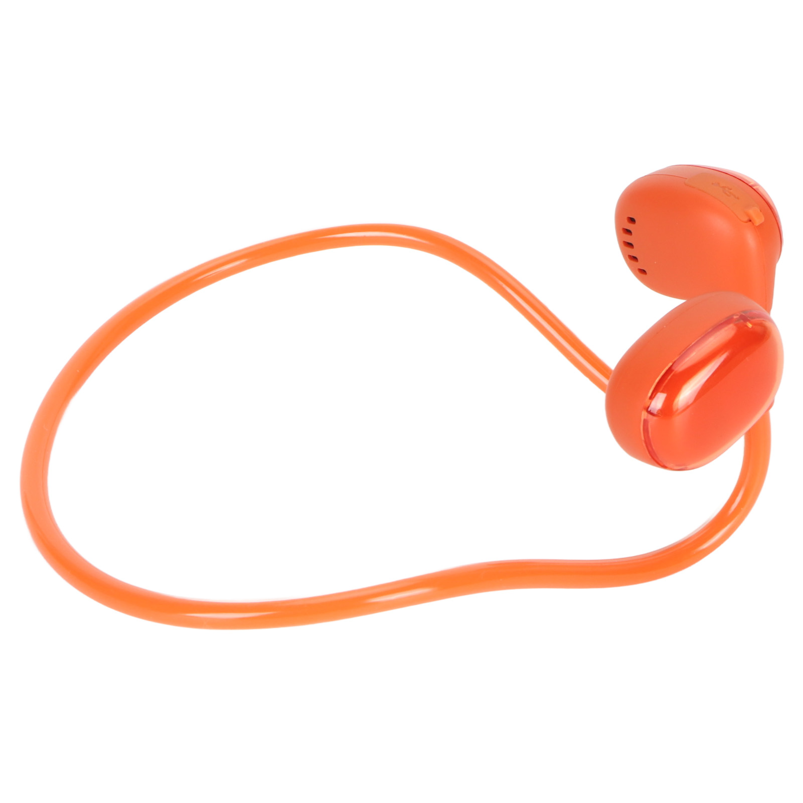 Orangefarbene Knochenschallkopfhörer mit einem gebogenen Band und Ohrstücken auf einem weißen Hintergrund.