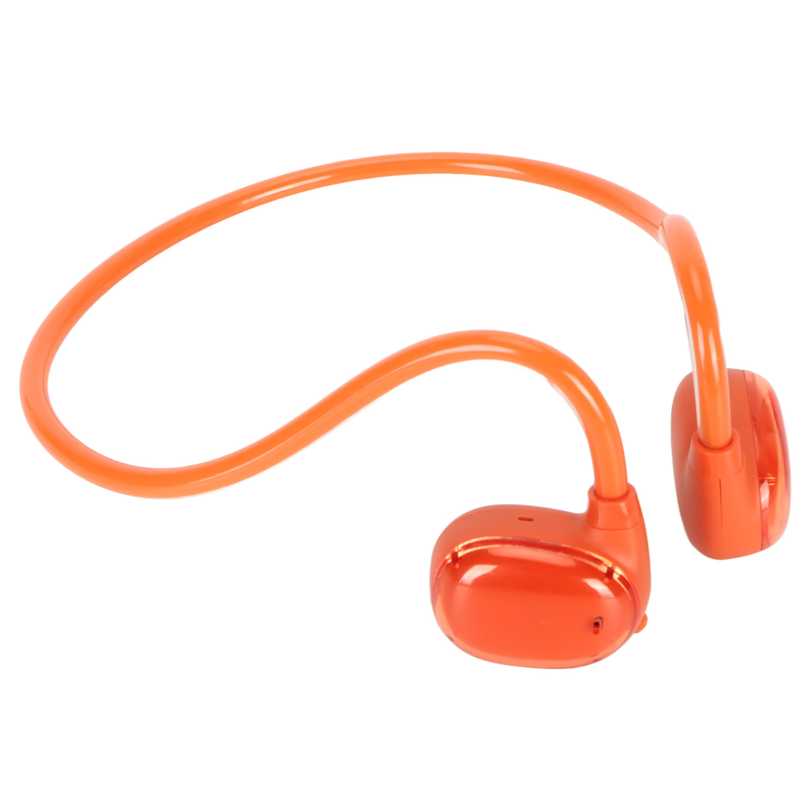 Orangefarbene Knochenschallkopfhörer mit einem gebogenen Band und Ohrstücken auf einem weißen Hintergrund.