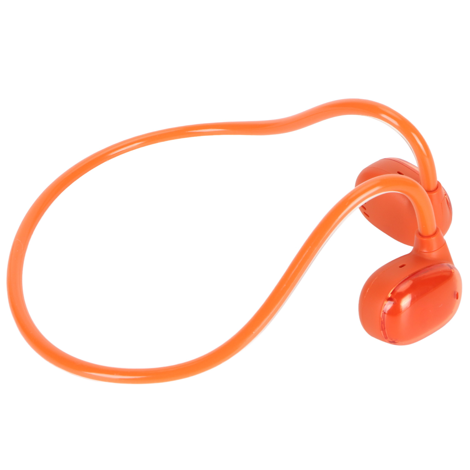 Orangefarbene Knochenschallkopfhörer mit einem gebogenen Band und Ohrstücken auf einem weißen Hintergrund.