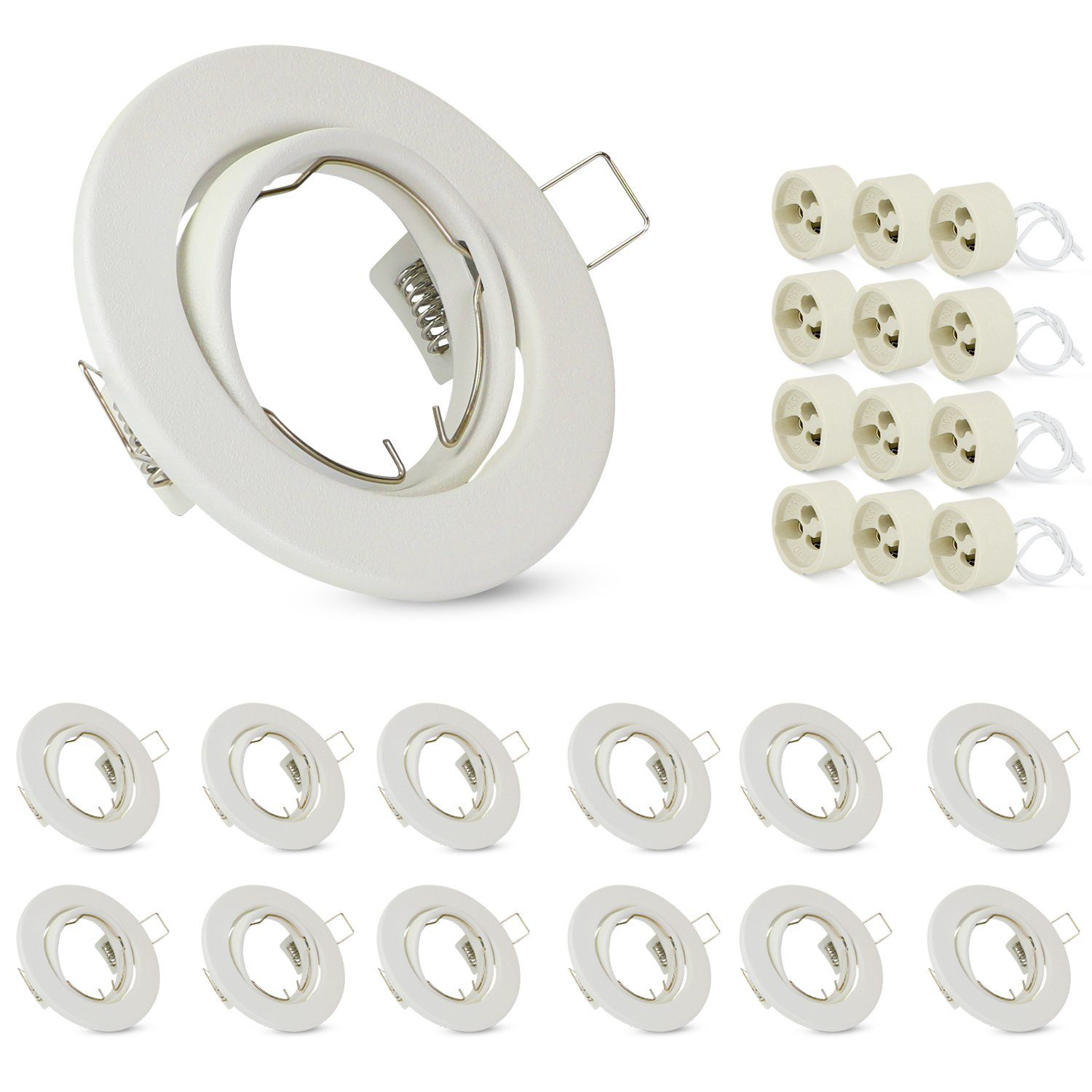 Apparecchio di illuminazione a incasso bianco con clip a molla e portalampada in ceramica.