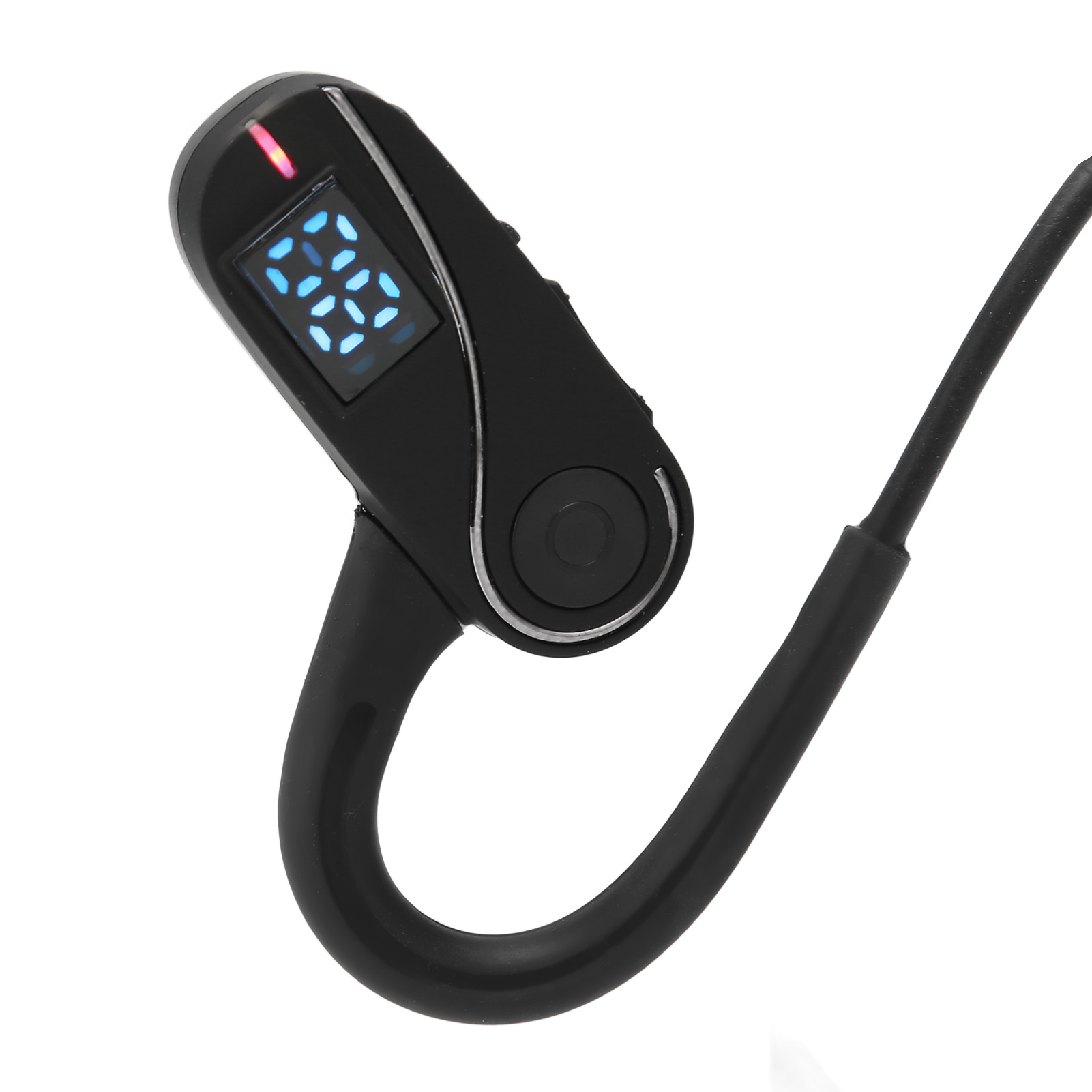 Schwarzes Headset mit Display, das blaue Zahlen zeigt. Das Headset ist gebogen, mit schwarzem Kabel.