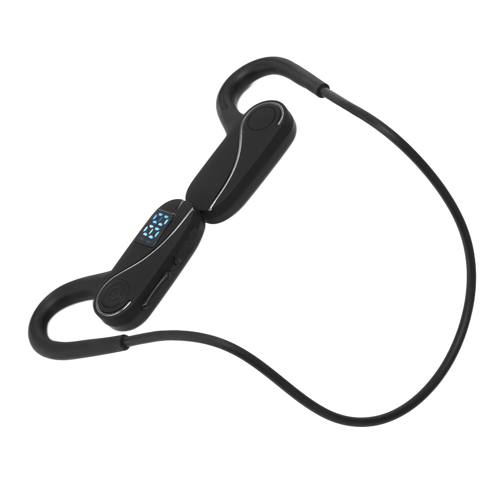 Ein schwarzes Headset mit Display. Das Headset ist gebogen, mit einem schwarzen Kabel.