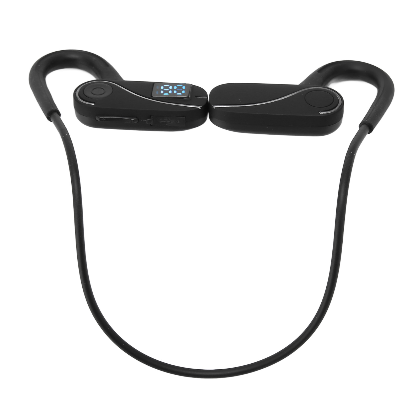 Schwarzes Headset mit Display. Das Headset ist gebogen mit schwarzem Kabel.