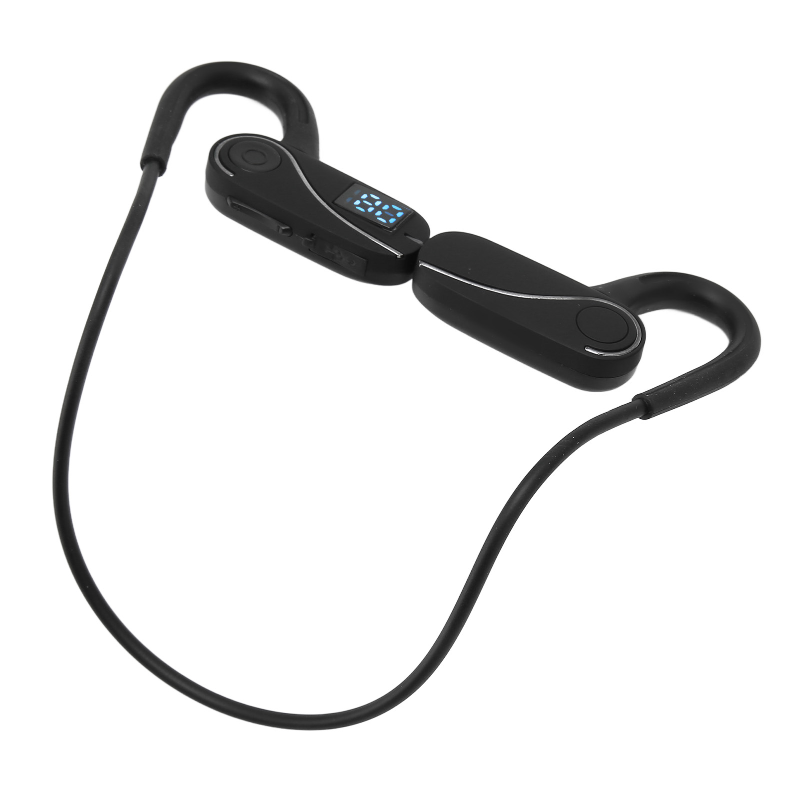 Ein schwarzes Headset mit Display, das blaue Zahlen zeigt. Das Headset ist gebogen, mit schwarzem Kabel.