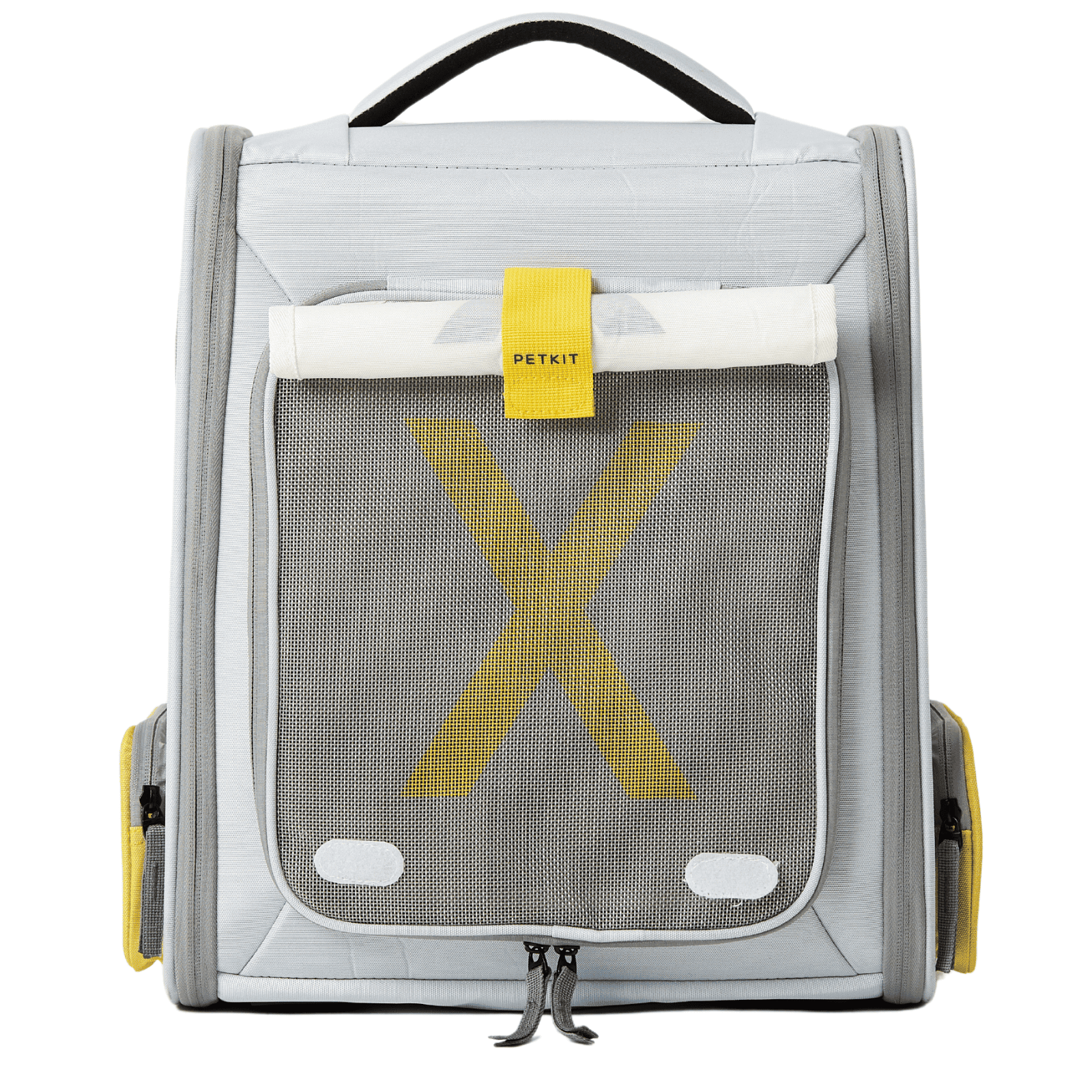 Weiße und graue Haustiertasche mit gelbem Akzent. Text: "PETKIT", "X" und "BREEZY ZONE".