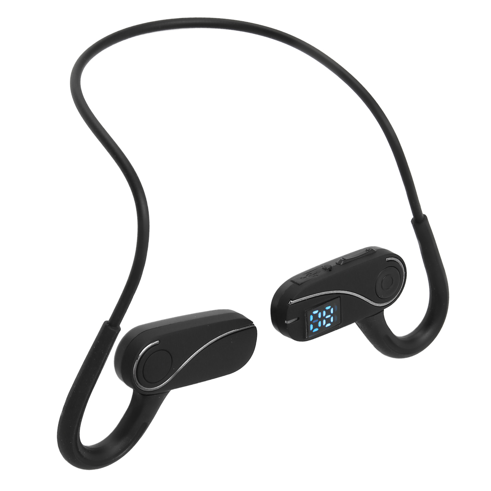 Ein schwarzes Headset mit Display, das blaue Zahlen zeigt. Das Headset ist gebogen, mit schwarzem Kabel.