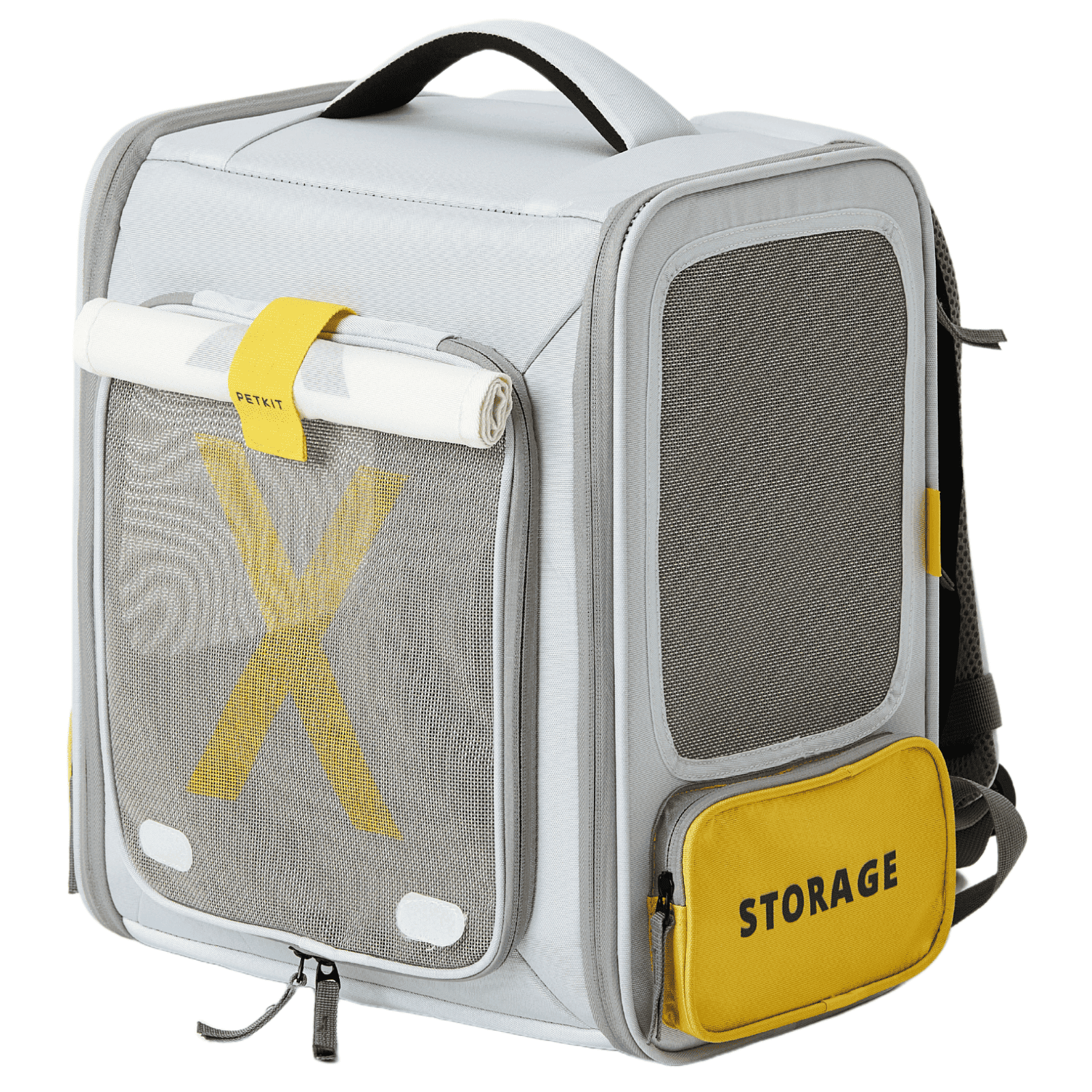 Weiße und graue Haustiertasche mit gelbem Akzent und einer Aufbewahrungstasche. Text: "PETKIT", "X".