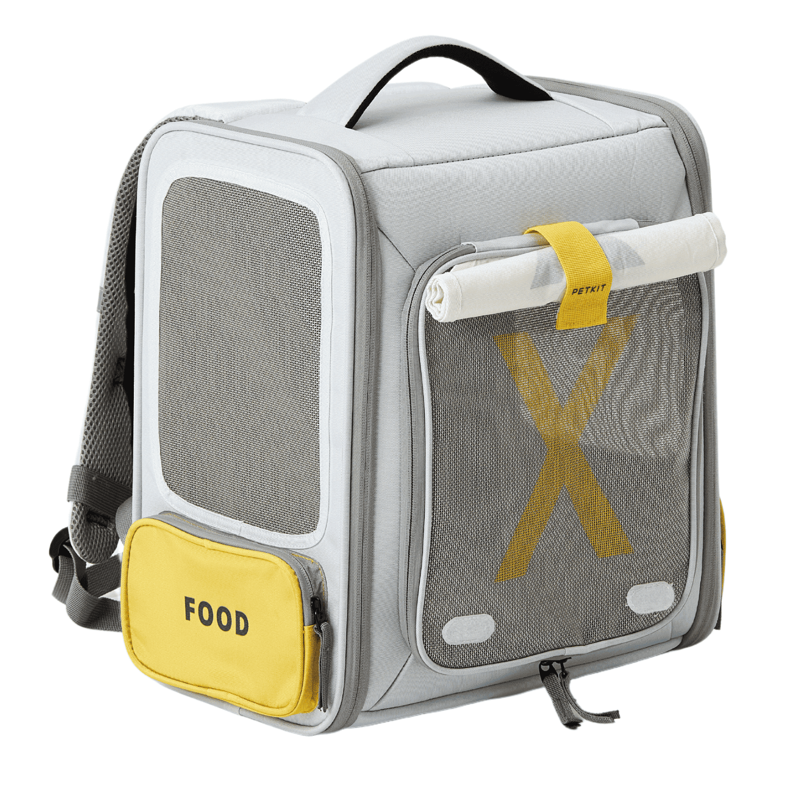 Graue Haustiertragetasche mit Netzfenstern und gelber "FOOD"-Tasche. Griff oben und Gurte hinten.