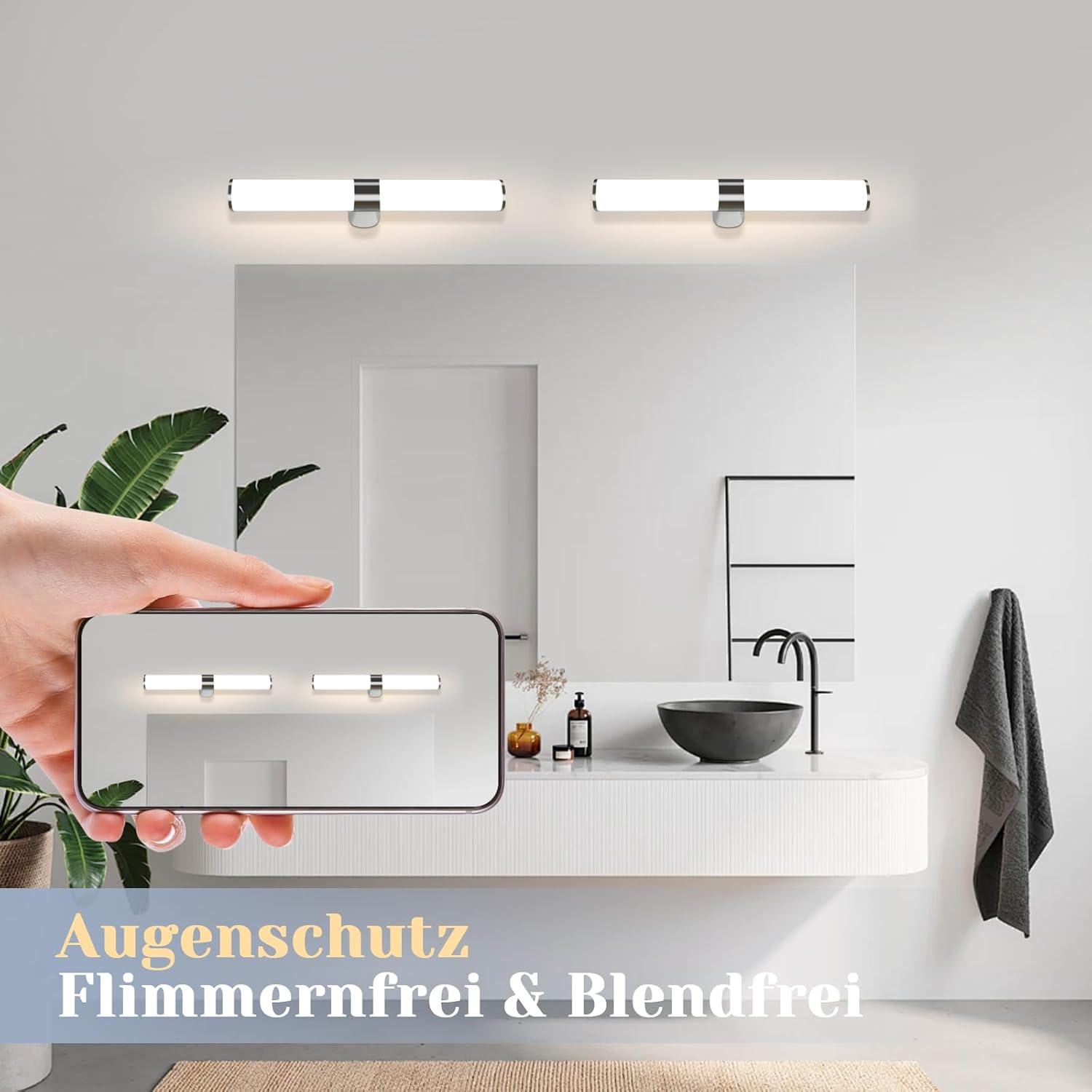 Badezimmerszene mit einer Hand, die ein Telefon hält, das die Badezimmerbeleuchtung zeigt.