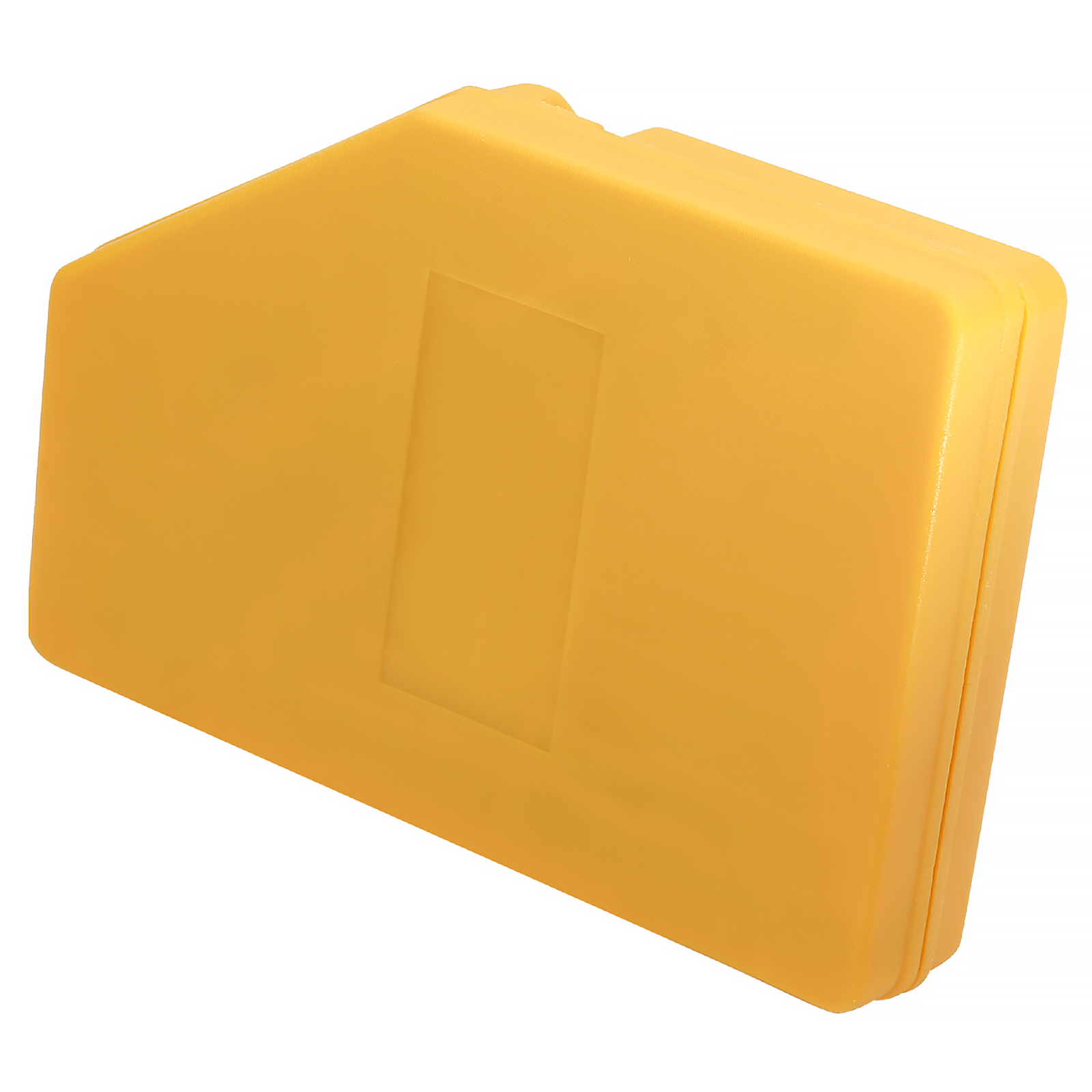 Una scatola di plastica gialla solida, rettangolare, leggermente angolata, su uno sfondo bianco.