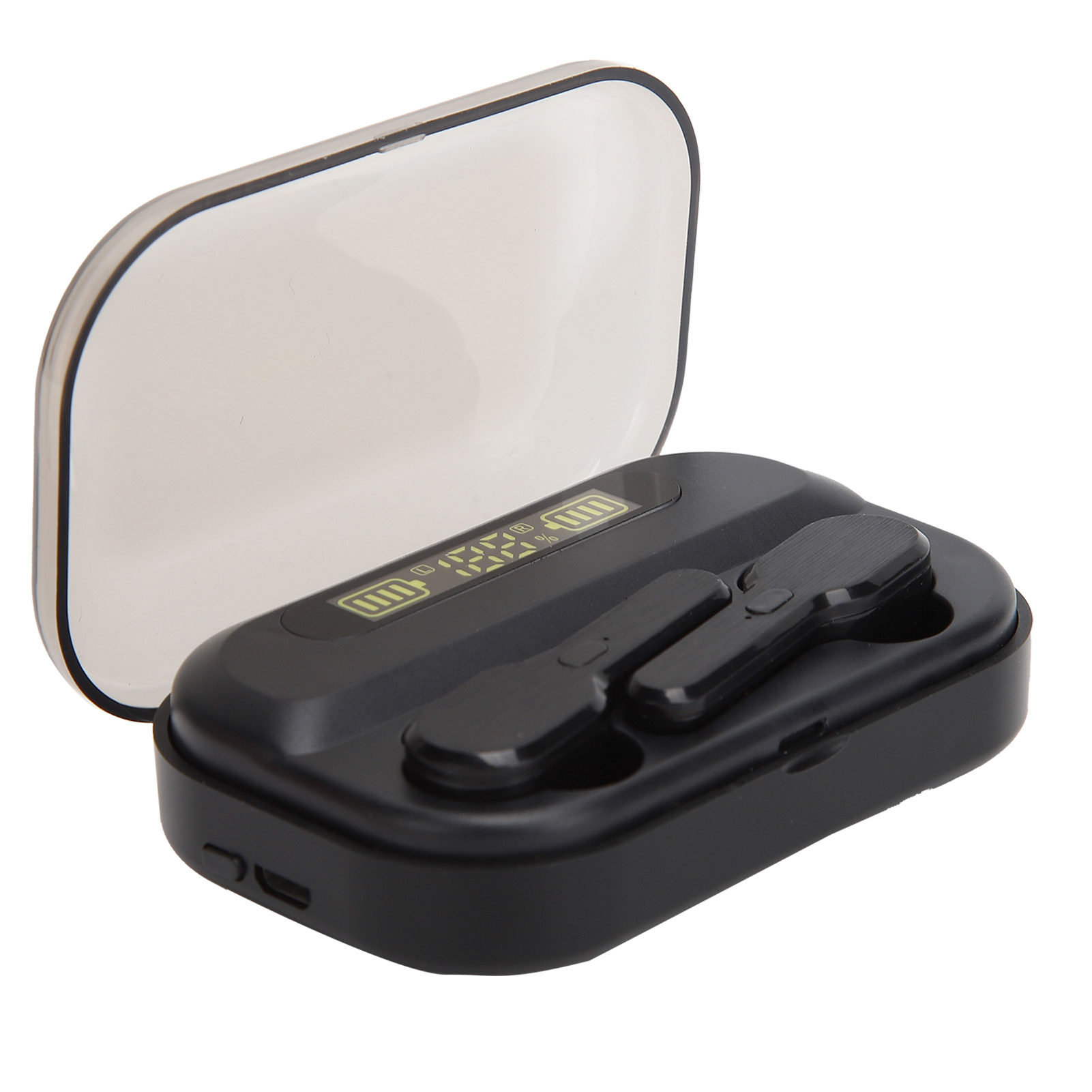 Schwarze kabellose Ohrhörer, die in einem Etui mit geöffnetem Deckel aufgeladen werden. Das Etui hat eine Digitalanzeige, die den Akkustand anzeigt.