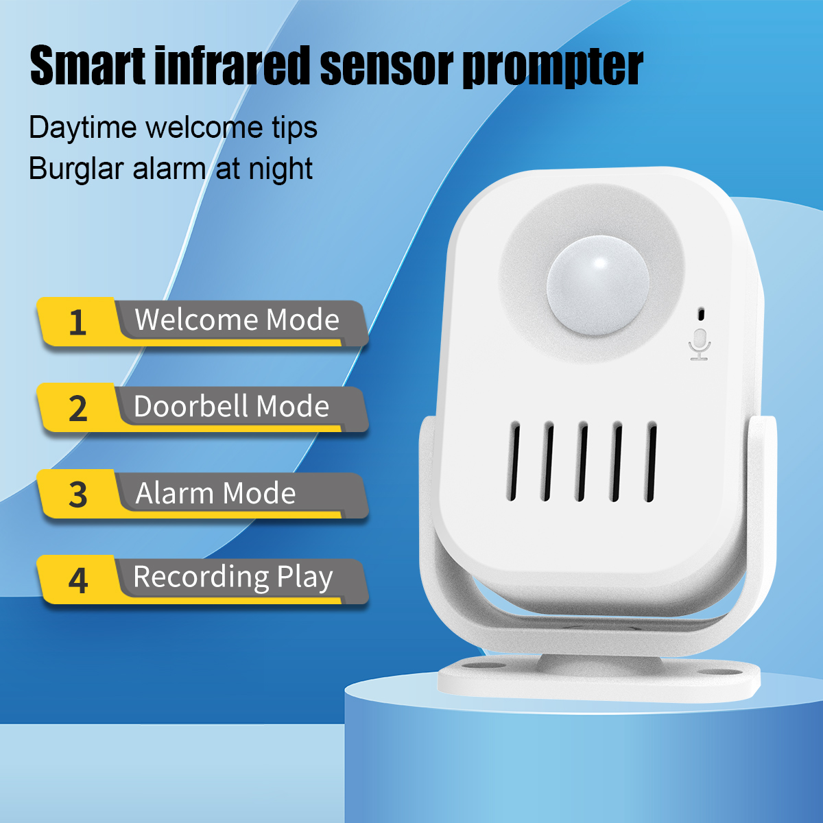 Weißer Sensor mit Text: Willkommensmodus, Türklingelmodus, Alarmmodus, Aufnahme-Wiedergabe. Auf blauer Plattform, mit Abmessungen.