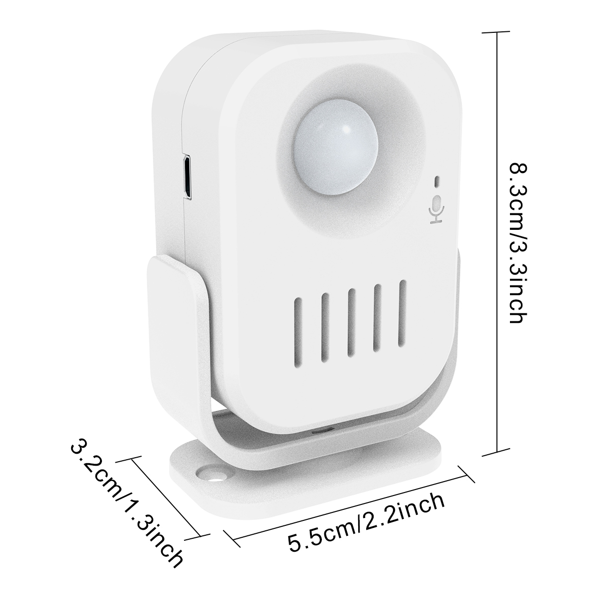 Weißer Sensor mit Abmessungen. Rechteckig mit gewölbtem Sockel, enthält eine Linse und Lüftungsschlitze.