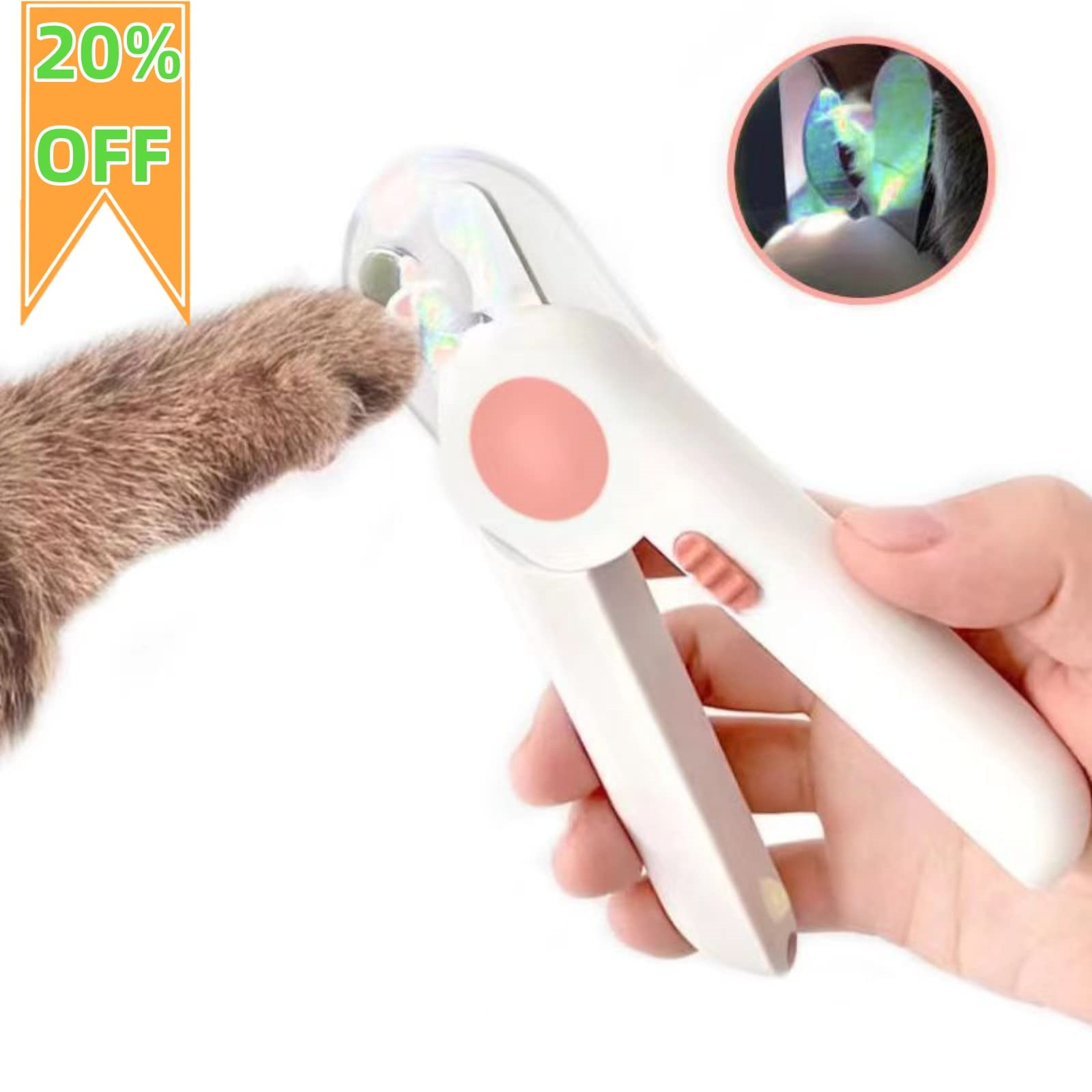 Hand, die weiße Tiernagelknipser an der Pfote einer Katze verwendet, mit einem 20 % Rabatt-Schild.
