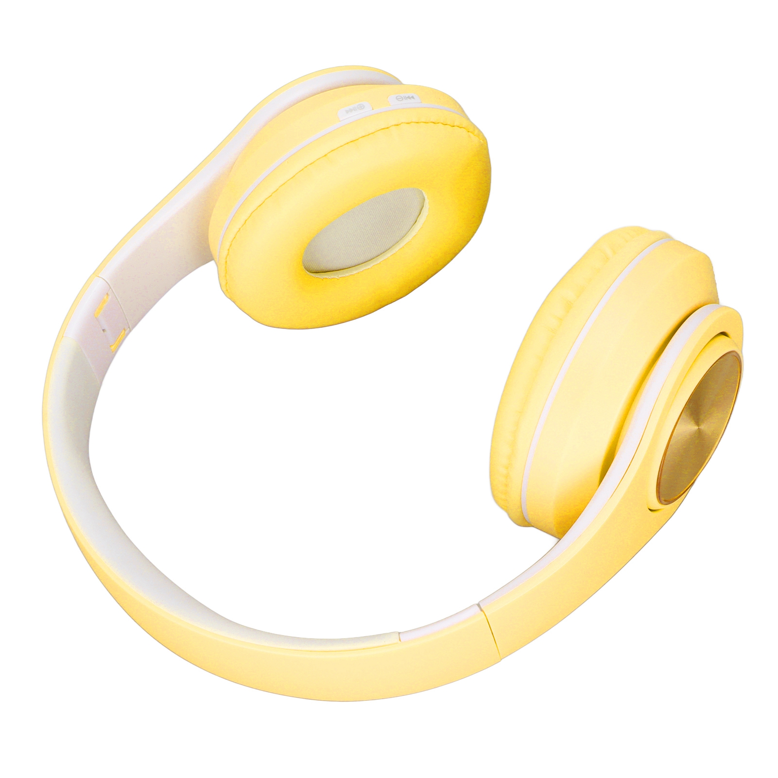 Gelbe Over-Ear-Kopfhörer mit weißer Polsterung und goldenen Akzenten auf weißem Hintergrund.