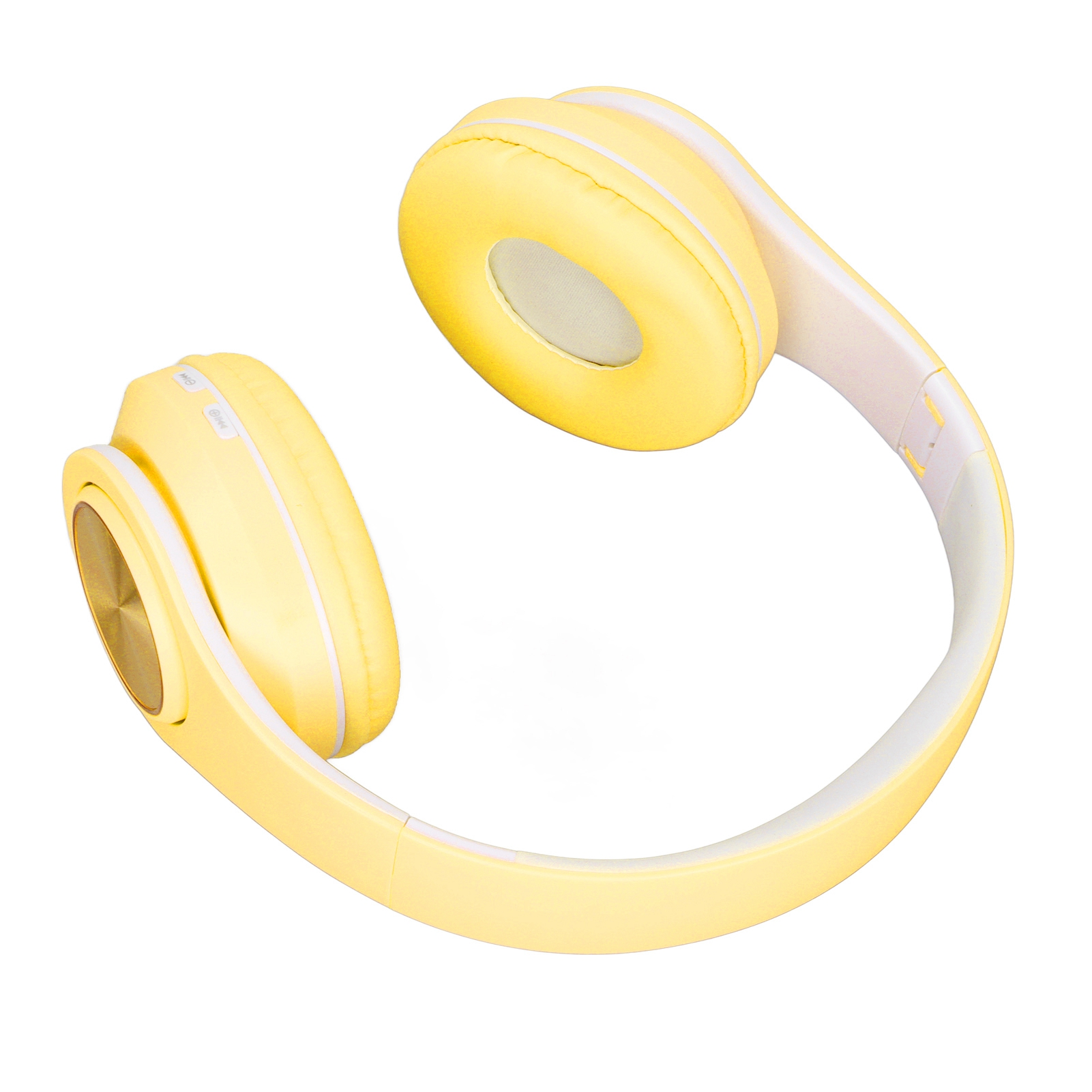 Gelbe Over-Ear-Kopfhörer mit weißer Polsterung und goldenen Akzenten auf weißem Hintergrund.