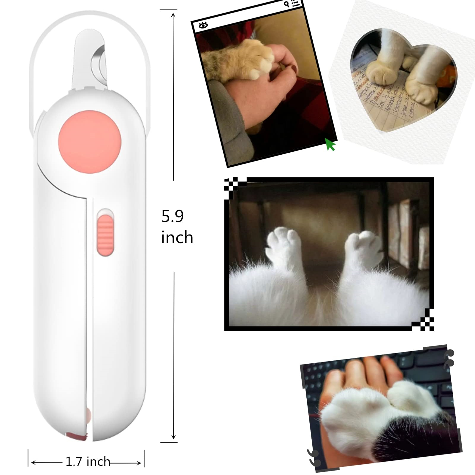 Eine Collage aus Katzenpfoten und weißen Nagelknipsern mit Abmessungen.