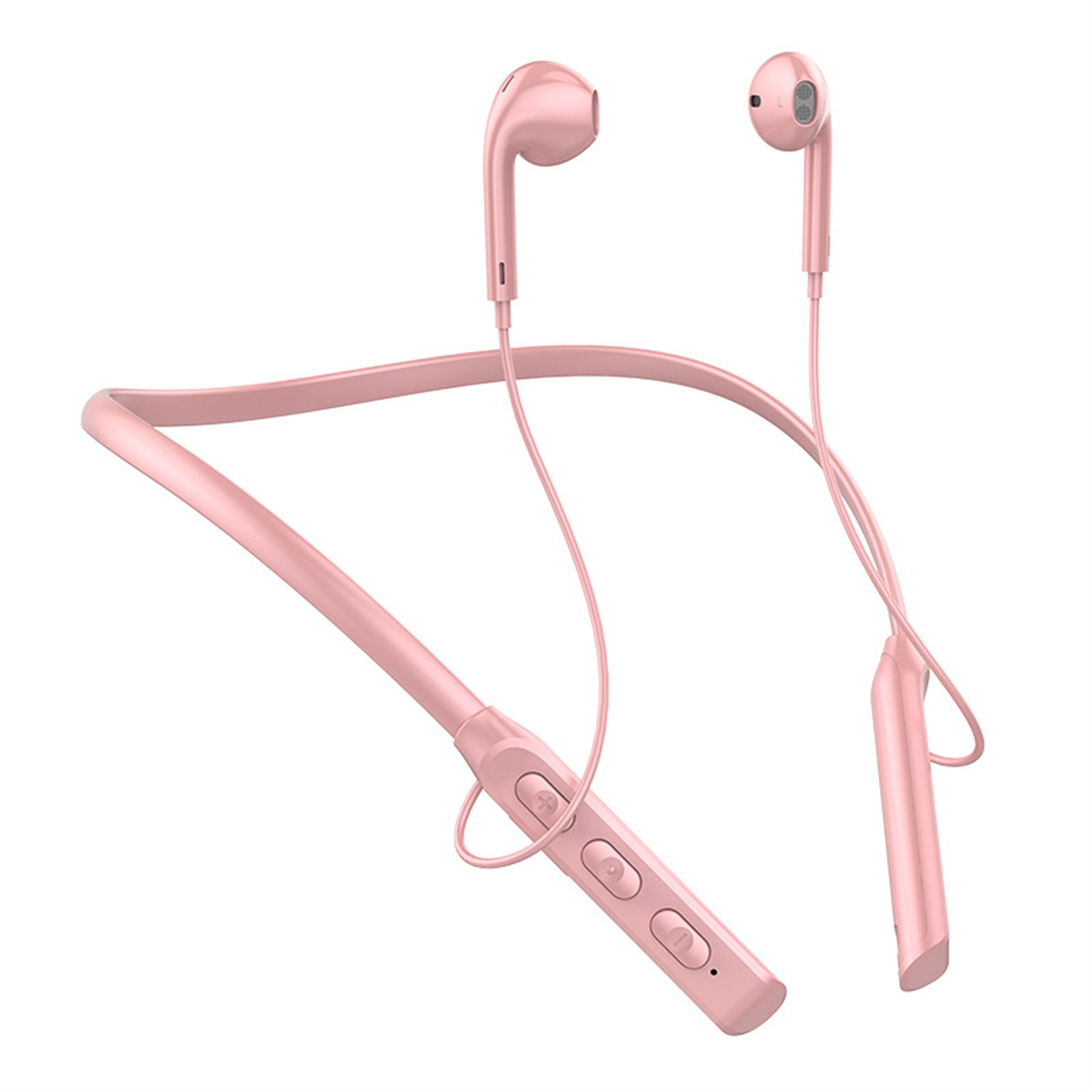 Ein Satz rosa In-Ear-Kopfhörer mit Nackenbügel wird auf einem weißen Hintergrund angezeigt.