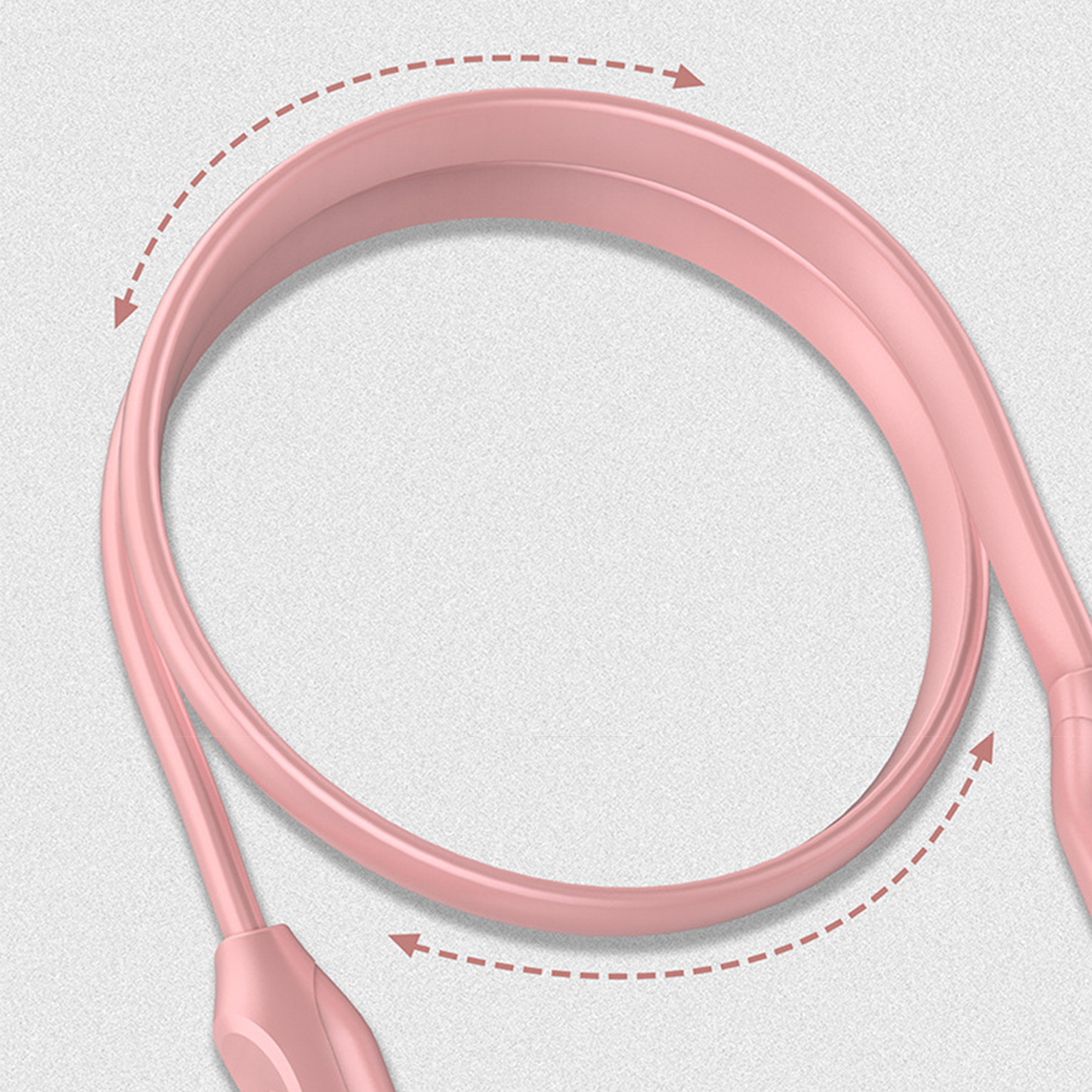 Nahaufnahme eines rosa Nackenbügels für In-Ear-Kopfhörer, der Flexibilität vor einem weißen Hintergrund zeigt.