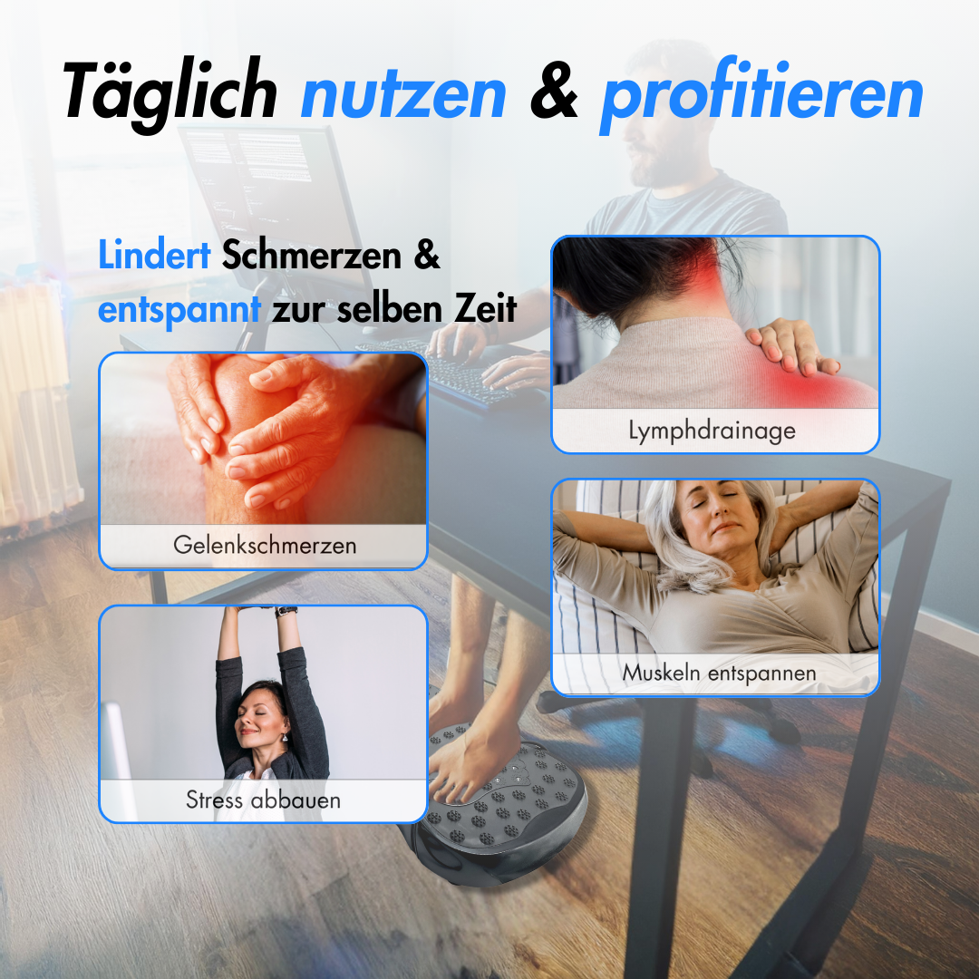 Collage zeigt vier Bilder im Zusammenhang mit Schmerzlinderung und Muskelentspannung durch eine Vibrationsplatte.