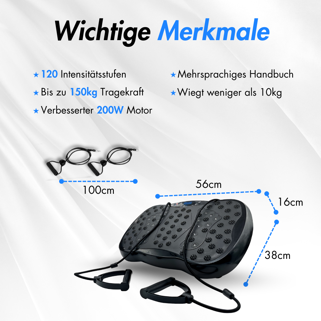Das Bild zeigt eine Vibrationsplatte mit Abmessungen und Funktionen, einschließlich Intensitätsstufen und Tragkraft.