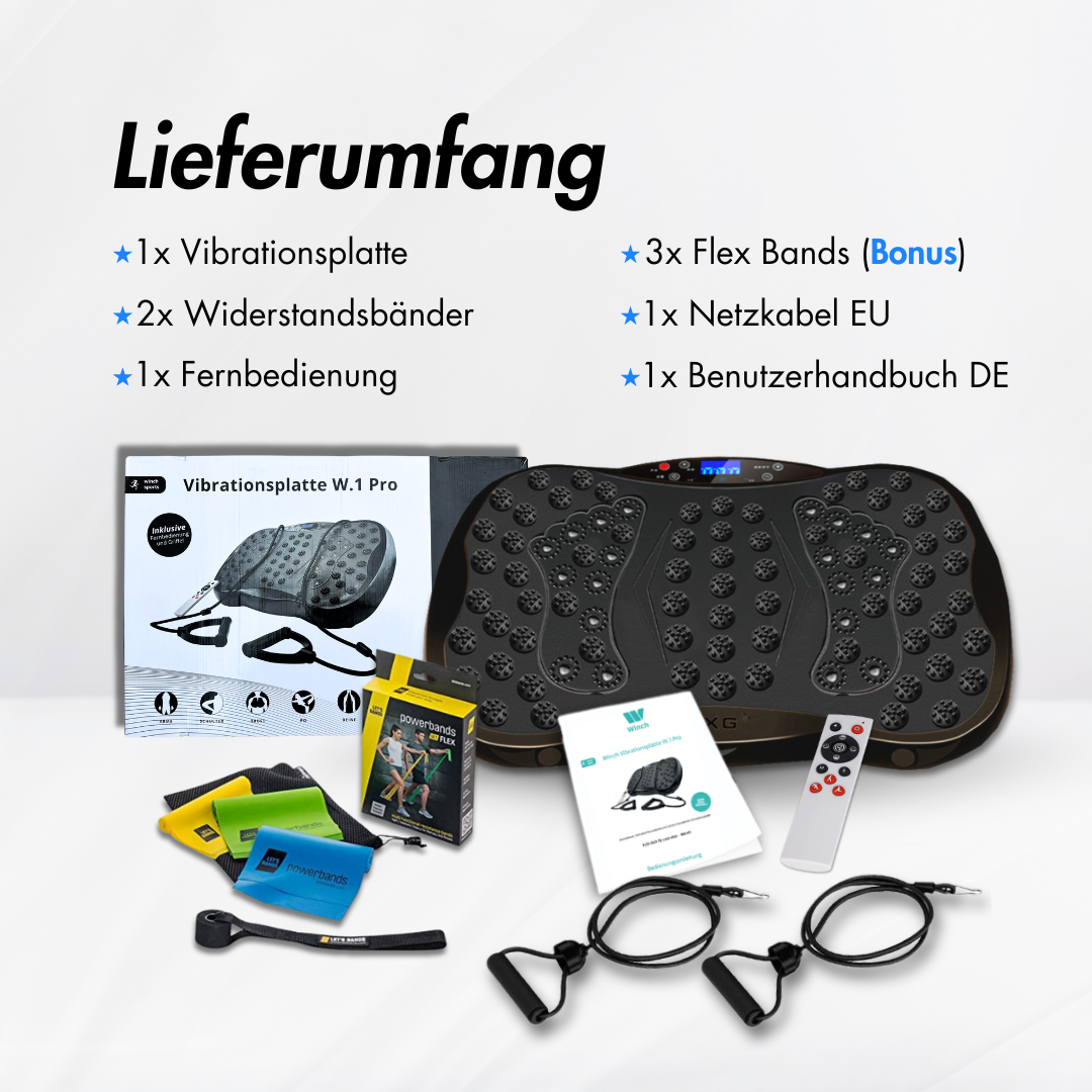 Das Bild zeigt eine Vibrationsplatte, Widerstandsbänder, eine Fernbedienung und ein Handbuch. Fördert die Ganzkörpervibration.