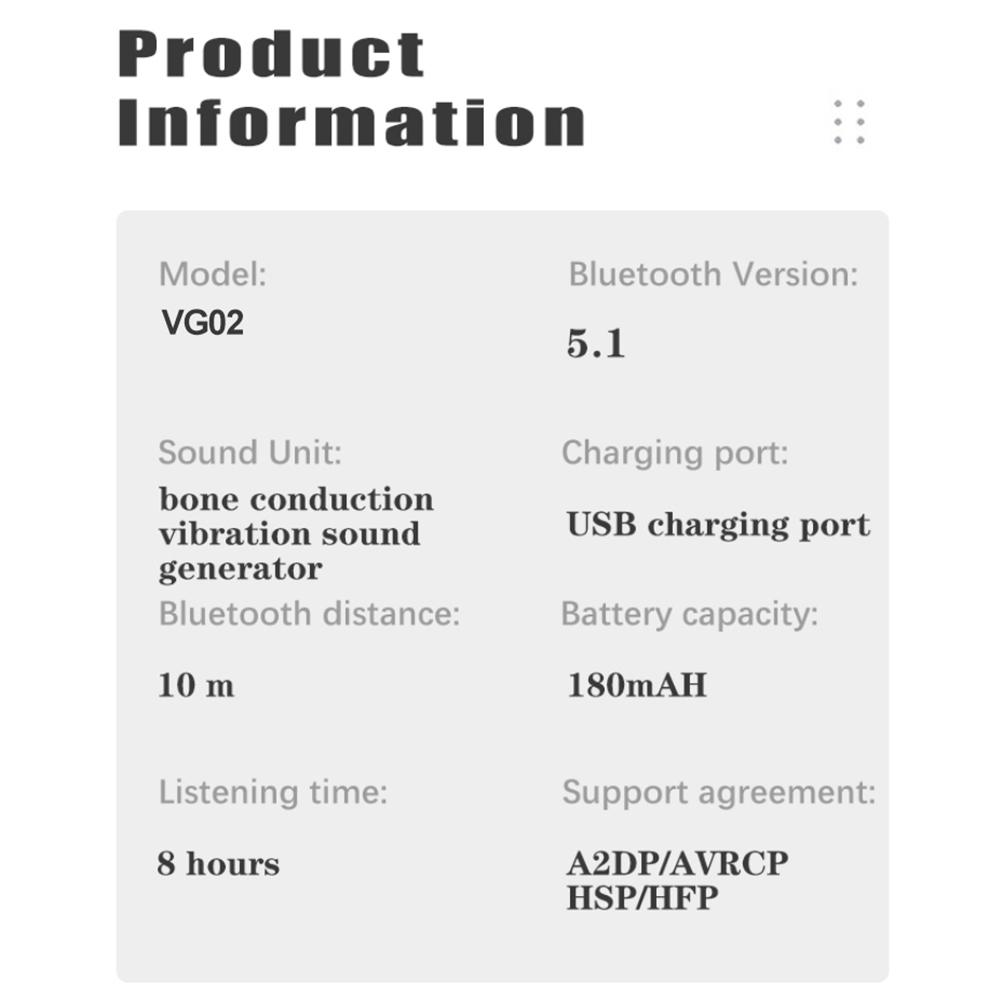 Produktinformationen für Knochenleitungskopfhörer, einschließlich Modellnummer, Bluetooth-Version und Akkukapazität.