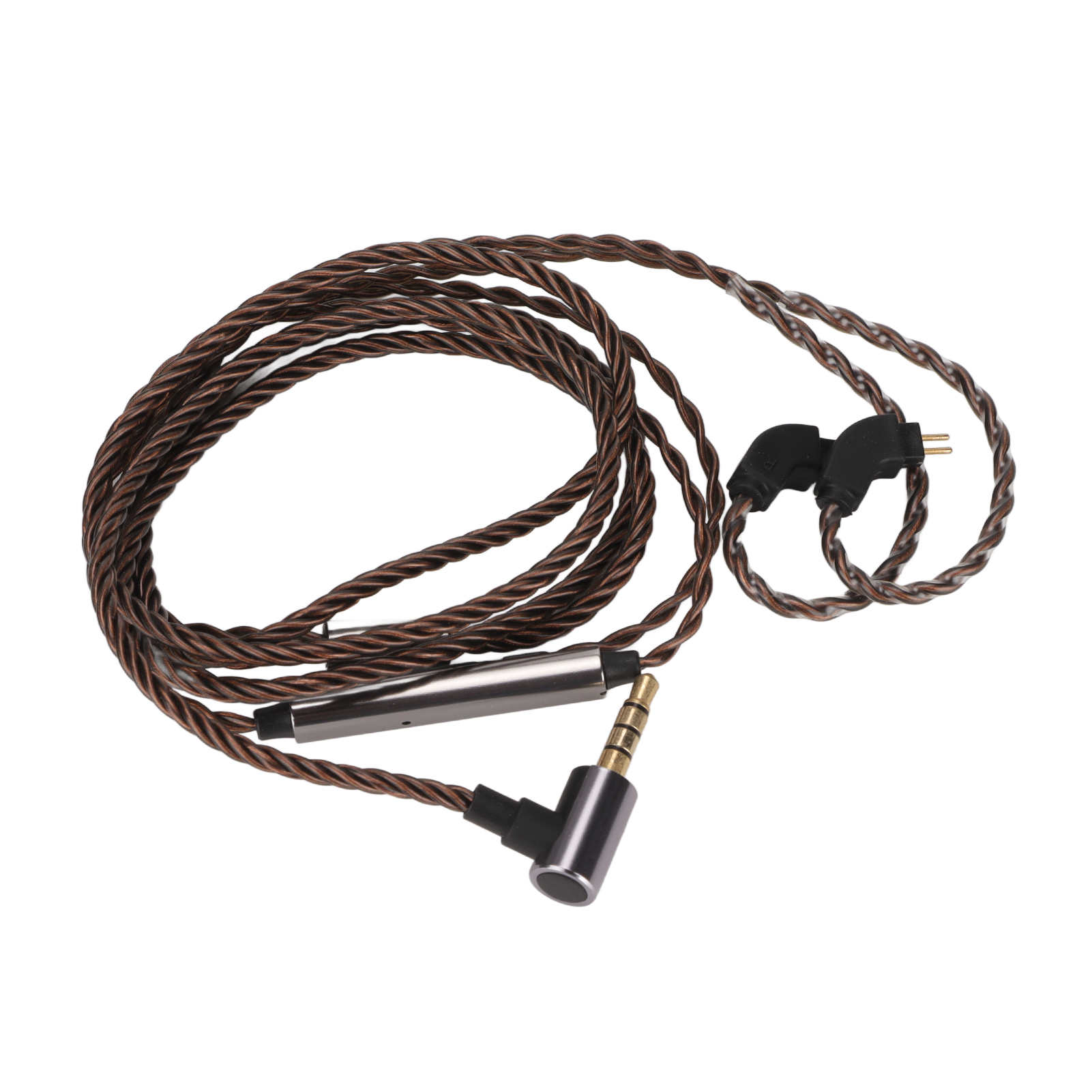 Ein braunes geflochtenes Kabel mit einem Metallstecker ist vor einem weißen Hintergrund aufgewickelt.
