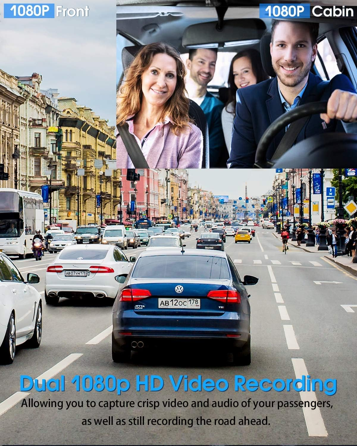 Bild einer Dual-Objektiv-Armaturenbrettkamera, die sowohl die Straße als auch das Innere des Autos mit Passagieren in einer städtischen Szene aufnimmt.