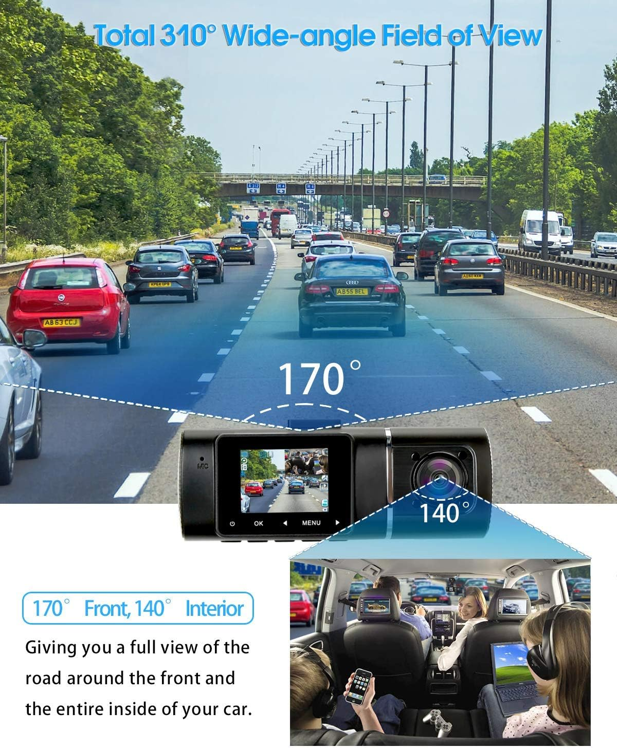 Ansicht einer Armaturenbrettkamera, die eine Straße mit mehreren Autos und eine Innenansicht mit Passagieren zeigt und Weitwinkelaufnahmen hervorhebt.